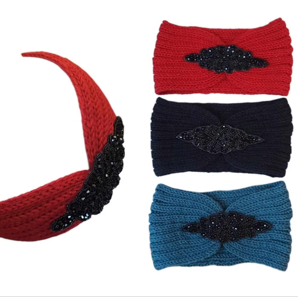 3 Pieces Set Headband Womens Winter Ear Warm Crystal Beads Turban Headwrap New